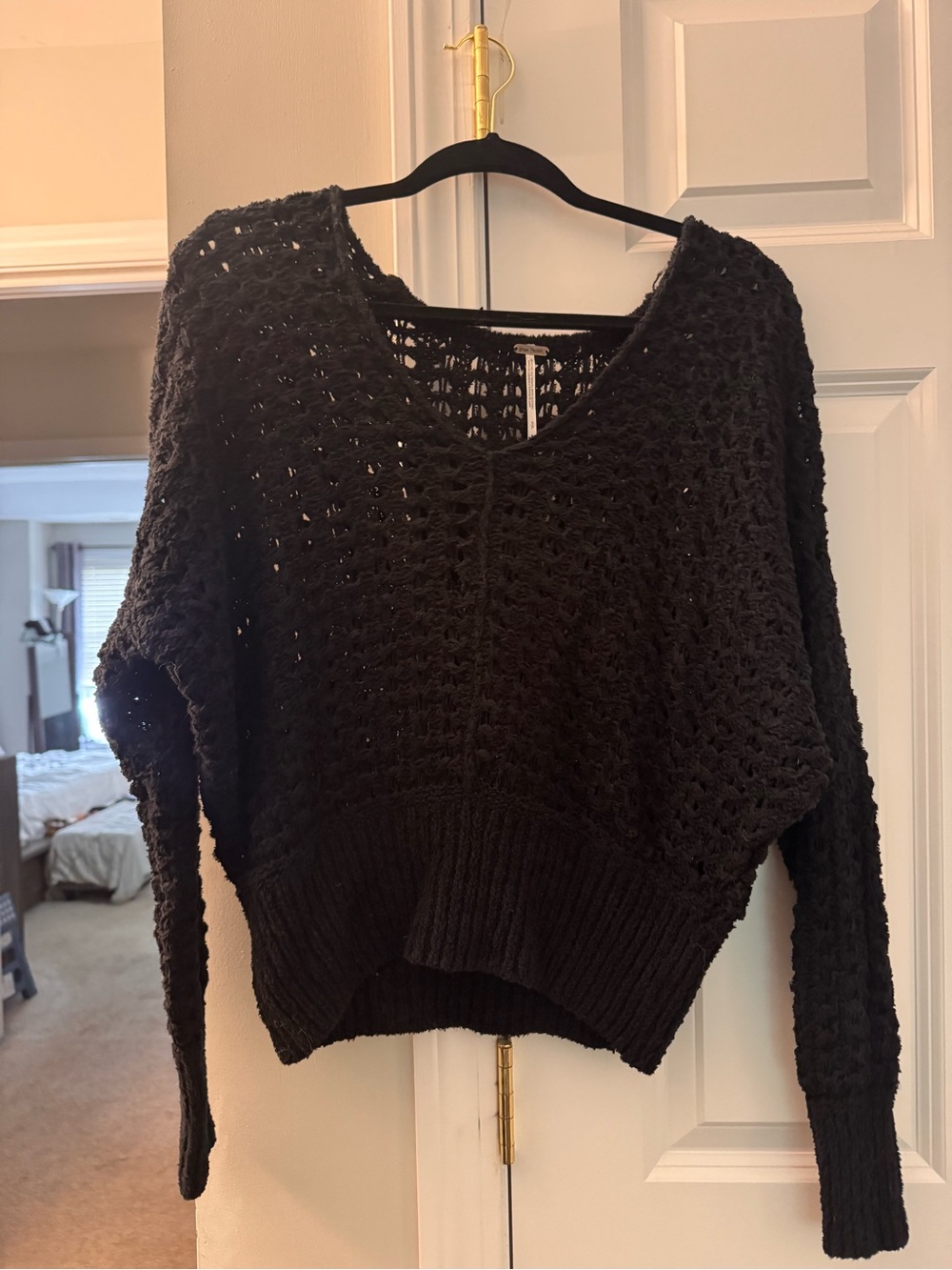 Free People Black Open-Knit V-Neck Sweater